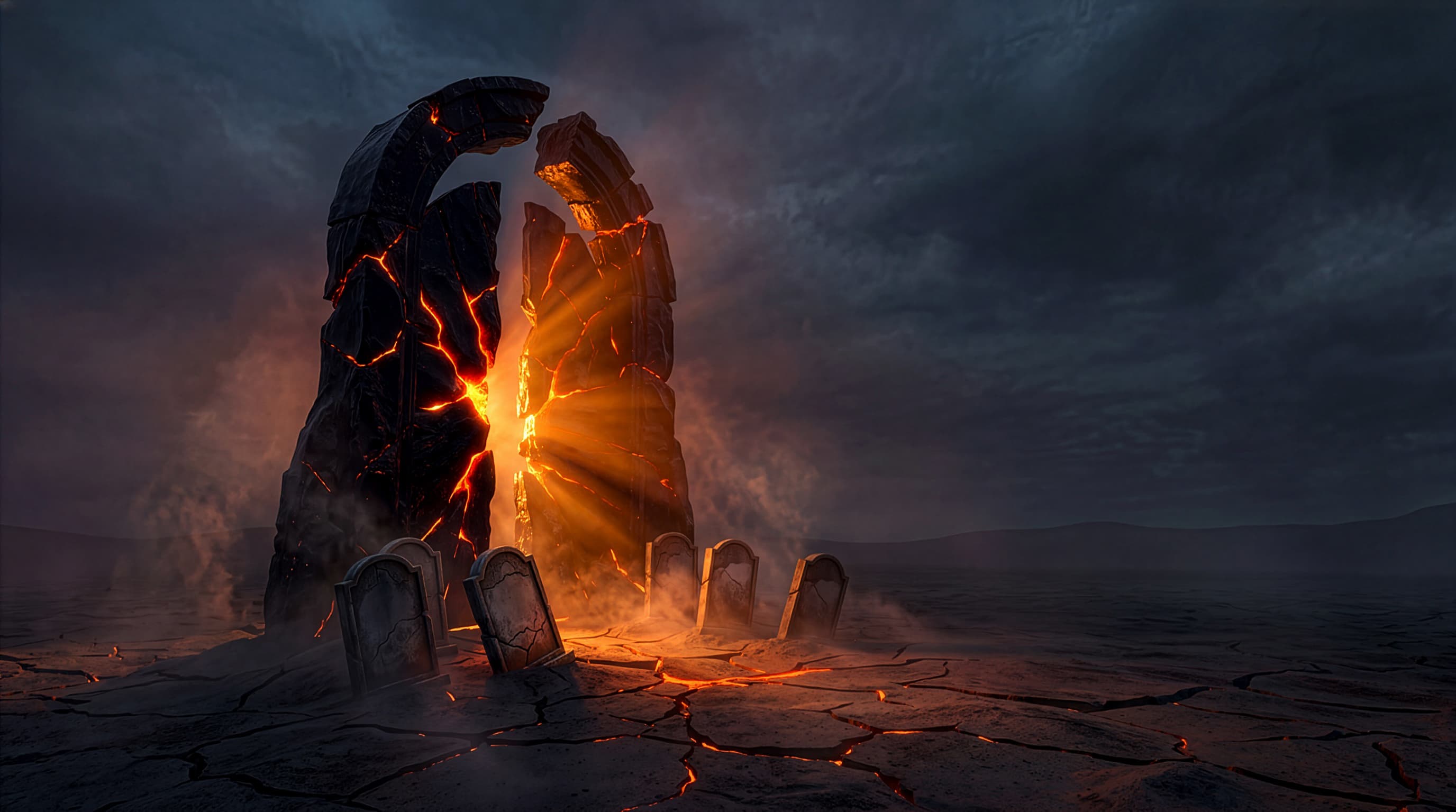 The Ashgate — a smoldering stone gateway between the living and the dead, tombstones at its base